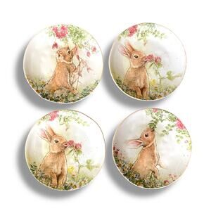 Southern Living Bunny 8.5” Salad Plate 4Pc Glazed Ceramic Bunnies Flowers Easter